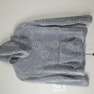 No Boundaries junior silver grey plush hoodie with smiley faces